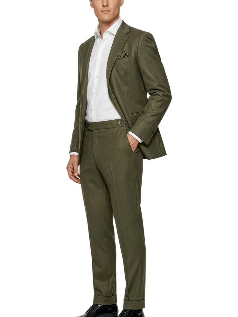 Olive Textured Knit Notch Lapel Cuffed Bottoms 2 Piece Men's Suit